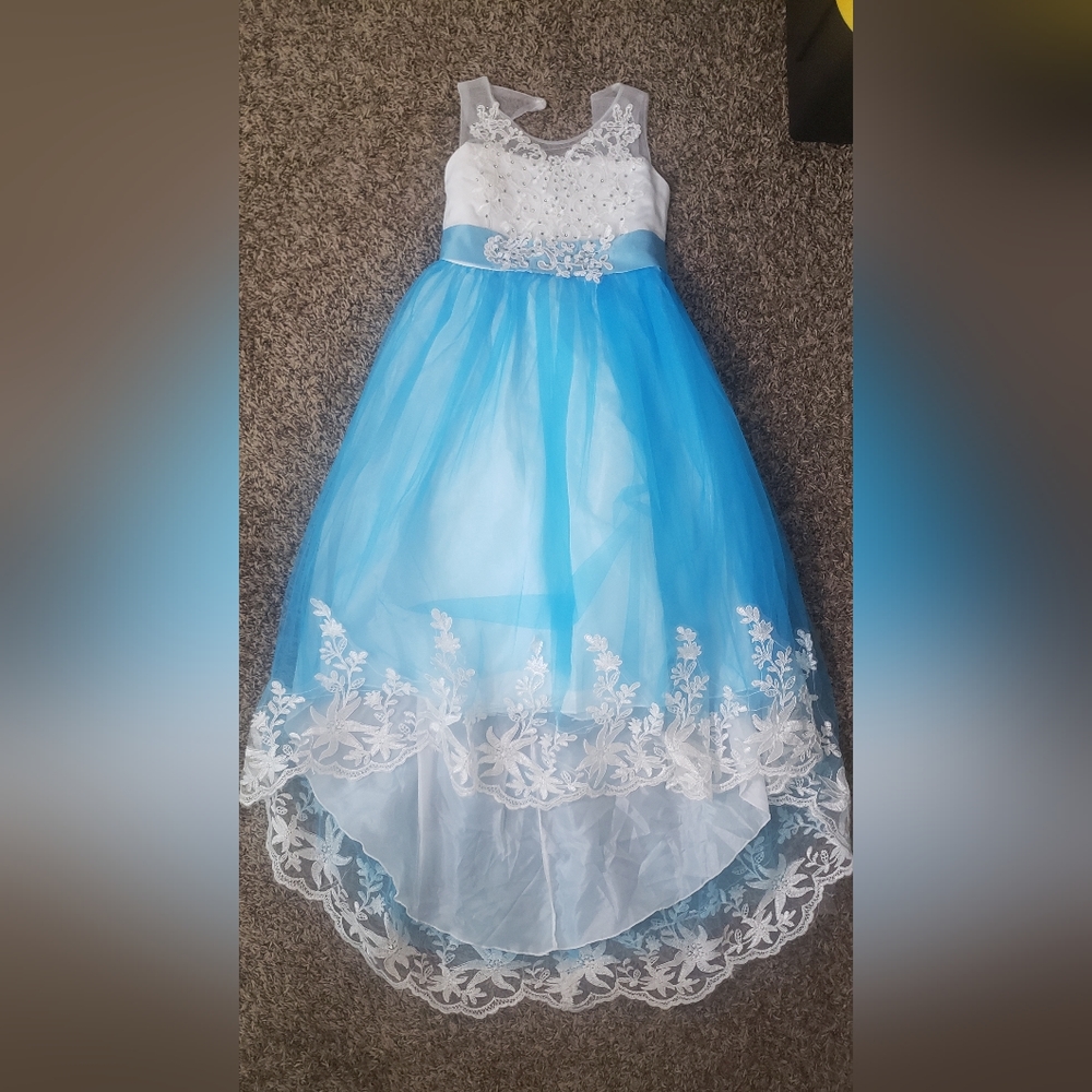Girls Princess Dress Embroided Wedding Blue Long